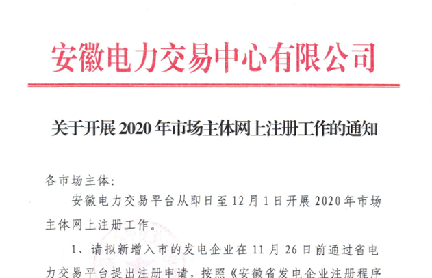 安徽开展2020年市场主体注册工作：售电公司11月25日前提交申请